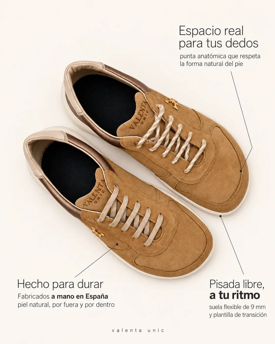 Infografía deportiva barefoot de transición casual de hombre VALENTA UNIC camel: a mano en España, puntera ancha y suela 9 mm