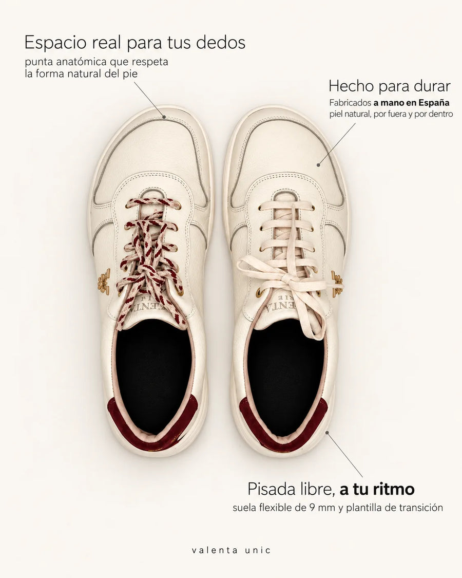Infografía deportiva barefoot de transición casual de hombre VALENTA UNIC crudo y granate: a mano en España, puntera ancha y suela 9 mm