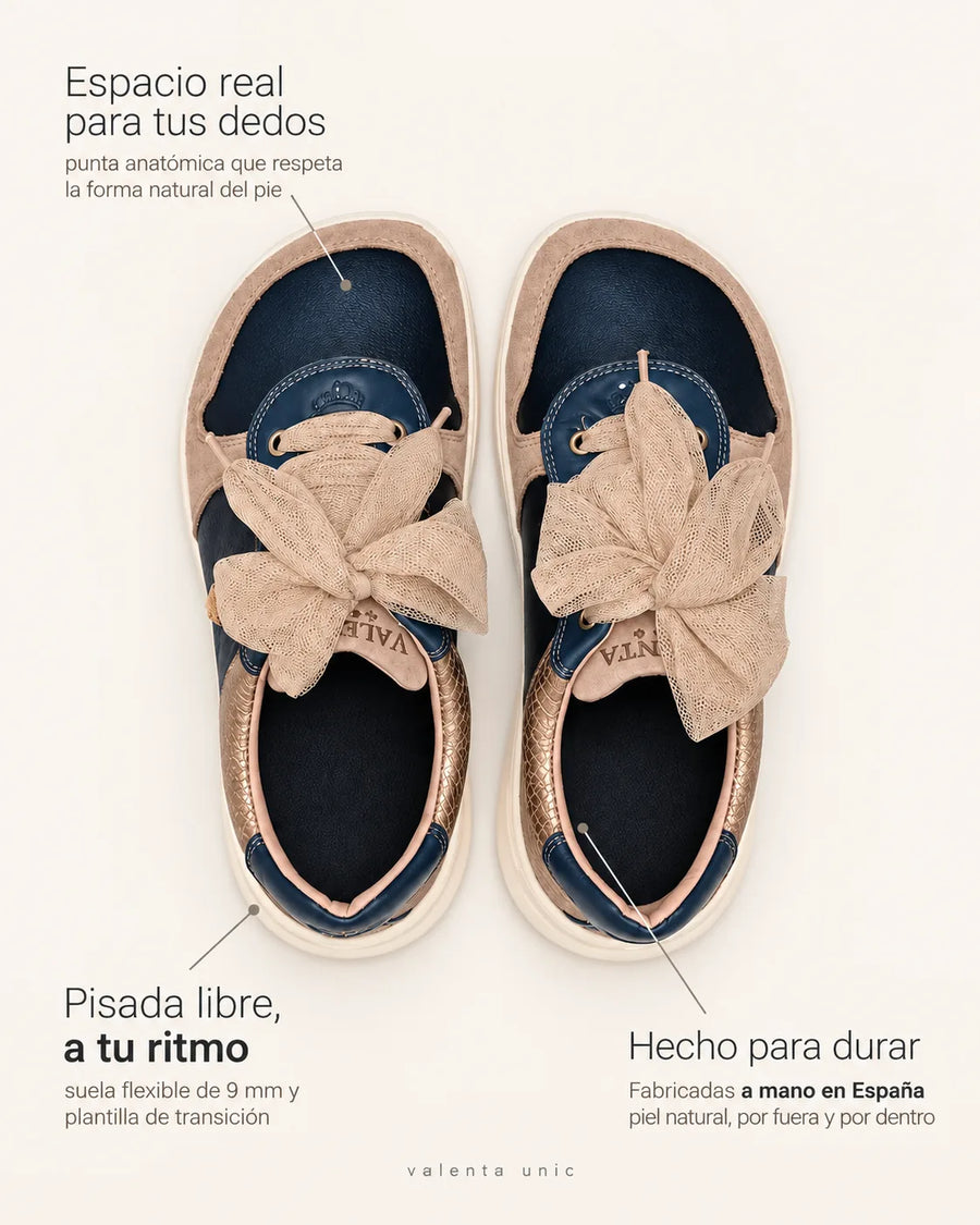 Infografía de la deportiva barefoot de transición LÍA mediterraneo de Valenta Unic: hecha a mano en España en piel por dentro y por fuera, puntera ancha y suela de 9 mm