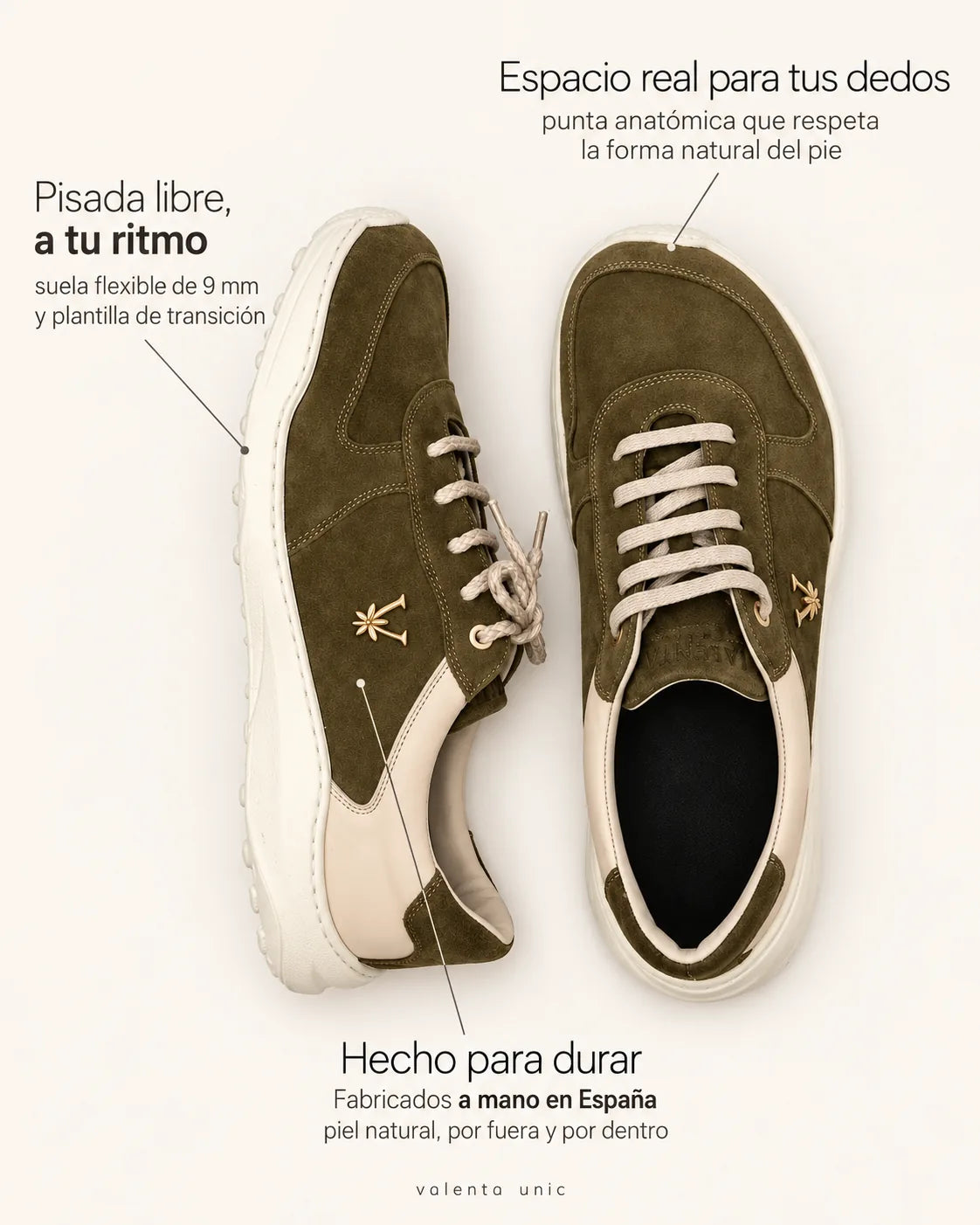 Infografía deportiva barefoot de transición casual de hombre VALENTA UNIC verde oliva: a mano en España, puntera ancha y suela 9 mm